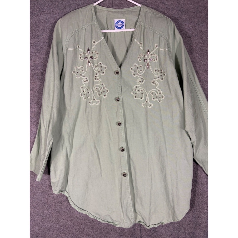 Bingo Bingo American Style Sage Green Embroidered Studded Cotton Shirt 2X